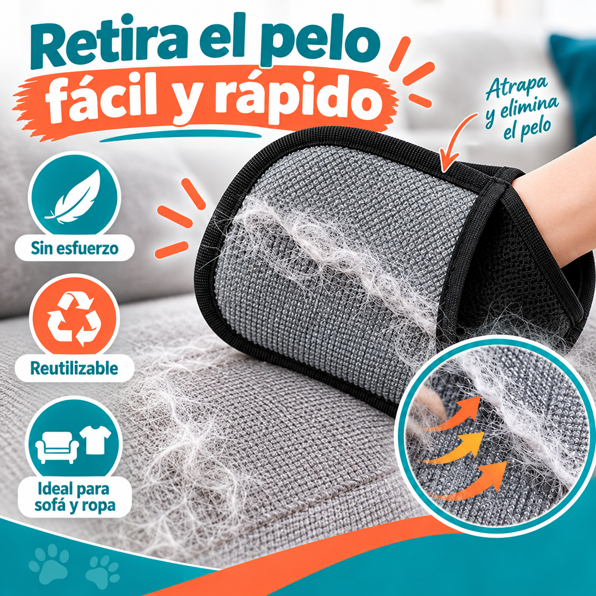 Manopla quitapelos para sofá y ropa