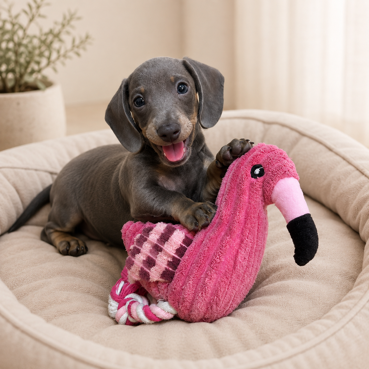Flamenco de peluche con sonido para perros